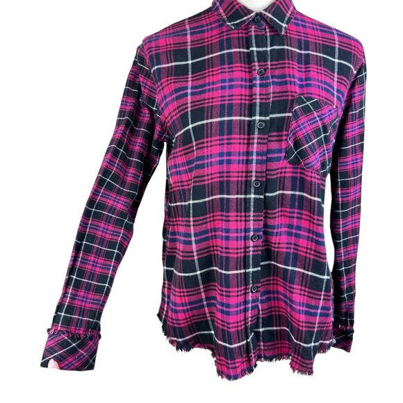 Rails Brock Fuschia Navy Black Plaid Flannel Frayed Long Sleeve Button Up Top - Picture 9 of 15